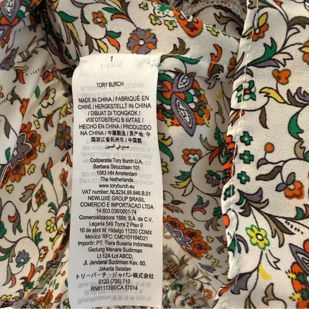 Tory Burch 100% Silk Botanical Woodblock Print Peasant Blouse Size 8 Boho Chic